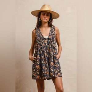 BiBi Navy Floral Denim Sleeveless Romper with Orange and Cream Flowers